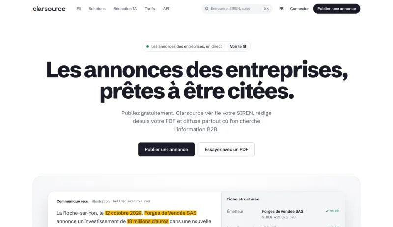 Page d’accueil de Clarsource, plateforme de communiqués de presse vérifiés